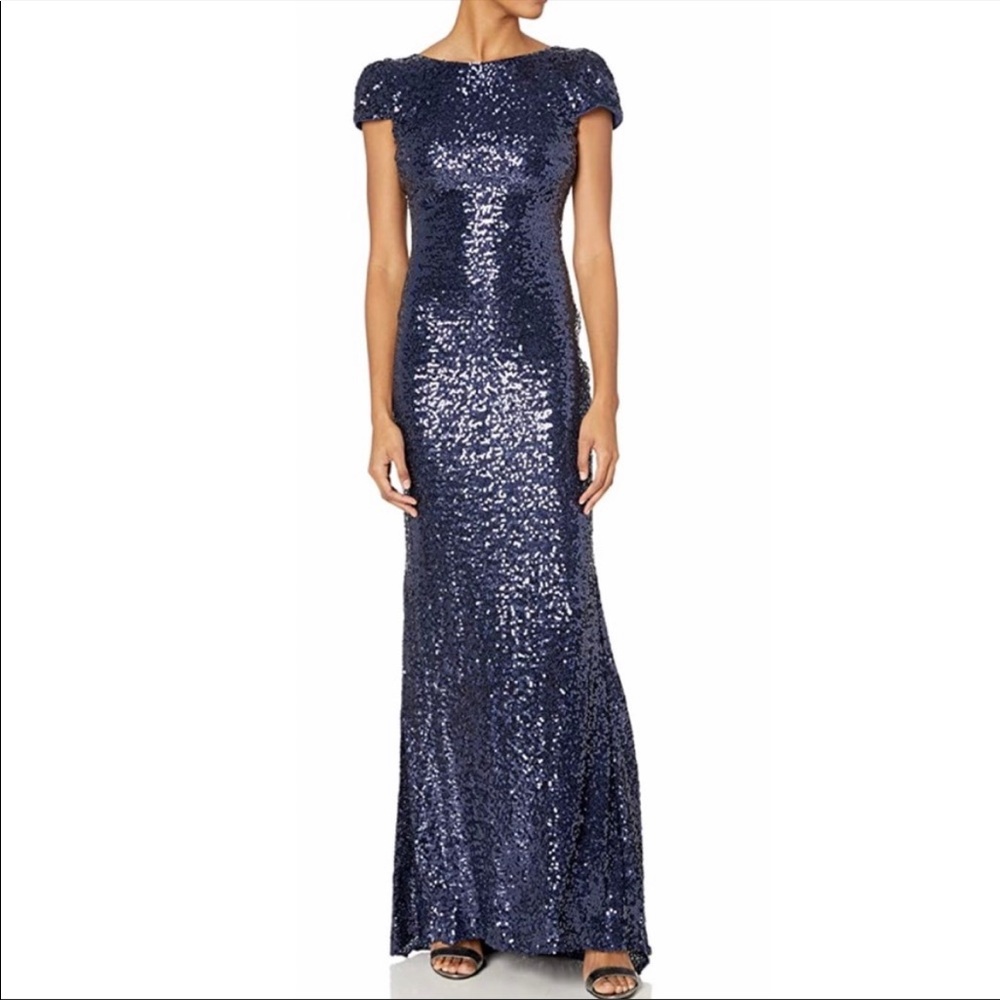 Badgley Mischka Navy Cap-Sleeve Sequin Drape Back Gown